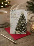 Christmas Wishes for a Special Sister and Brother-in-Law greeting card with a decorated Christmas tree, gold star and red envelope