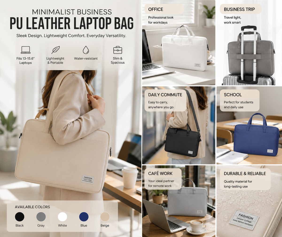 Minimalist business PU leather laptop bag in beige, black, grey, white and blue