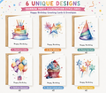 Happy birthday greeting cards set of 12 with 6 rainbow party illustration designs and envelopes