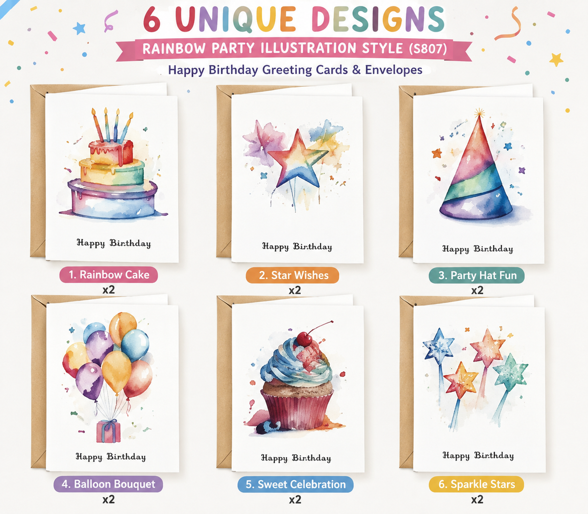 Happy birthday greeting cards set of 12 with 6 rainbow party illustration designs and envelopes