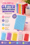 Colourful glitter sequin notebooks in 5 colours: Blue, Purple, Yellow, Colourful rainbow and Red