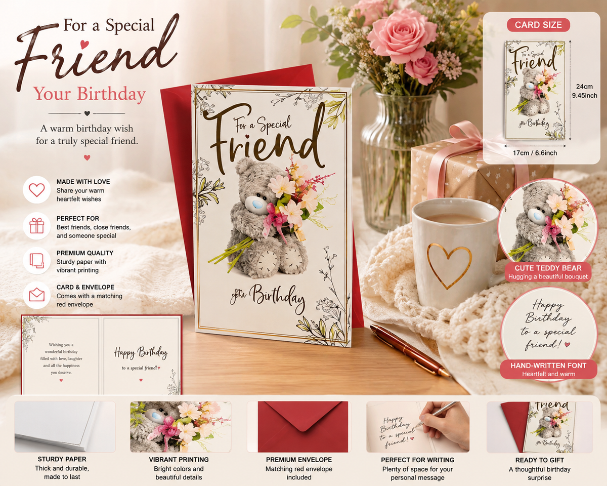For a Special Friend Birthday Card with teddy bear and flowers, with matching red envelope