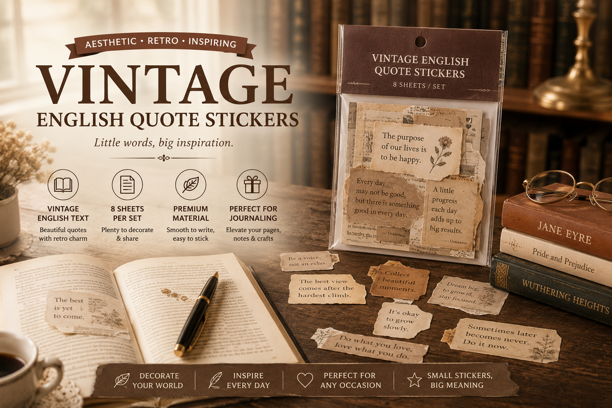 Vintage English Quote Stickers set of 8 sheets with retro aesthetic quotes on aged paper Design stickers