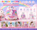Rainbow unicorn drawstring backpack 27cm x 34cm shown on girls at school, travel and party