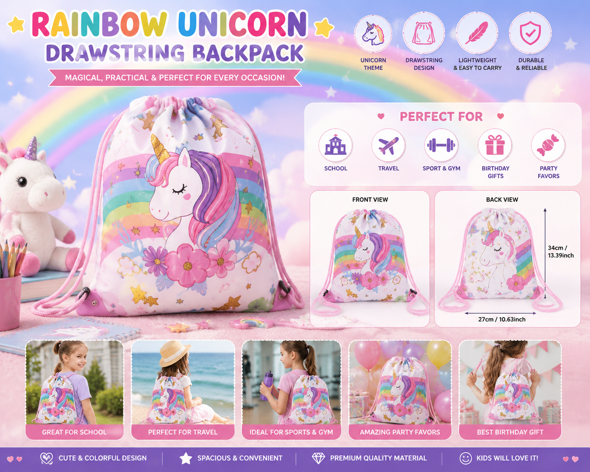 Rainbow unicorn drawstring backpack 27cm x 34cm shown on girls at school, travel and party